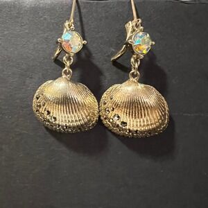 Gold Tone Seashell Drop Earrings Iridescent Crystal Nautical Leverback Dangle